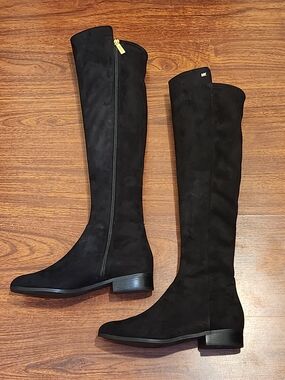 Michael Kors Black Over-the-Knee Suede Boots with Gold Zip Accent